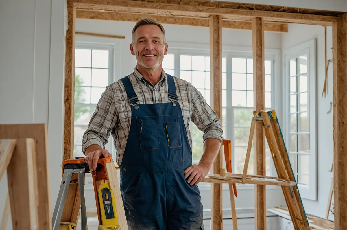 man-is-standing-front-ladder-that-says-hes-holding-yellow-sign Handyman standing in front of a ladder in overalls illustrating How a Home Remodeler Can Completely Transform Your Living Space